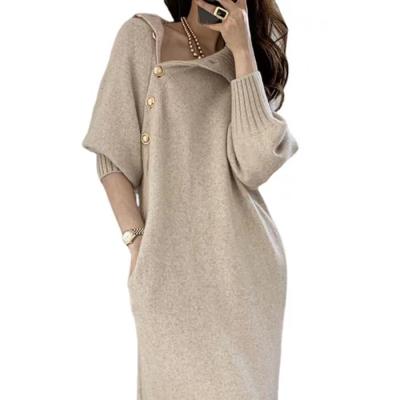 China 2021 New Arrival Autumn And Winter Clothes Breathable Loose Thin High-necked Ladies Knitted Dress Women for sale