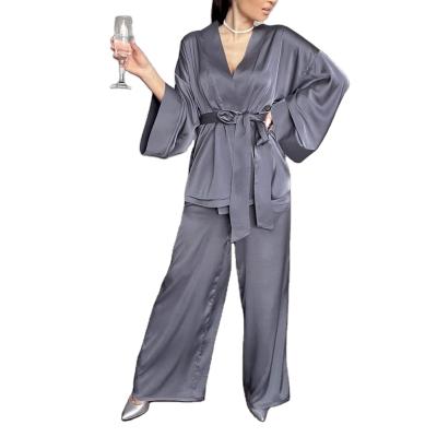 China 2021 Autumn Lace Up Set Breathable Satin Nightgown Long Sleeve Cardigan Maid Suit Pajamas Loose Pants for sale