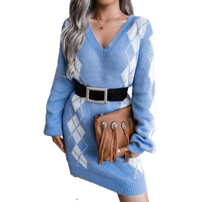 China Anti-wrinkle 2021 autumn and winter new design college style diamond pattern sweater dress knit dress women for sale