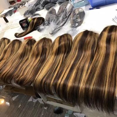 China Straight Honey Brown Blonde Silky Straight Piano Color 4/27 Full Lace Front Human Hair Wig 13x6 13x4 Highlight for sale