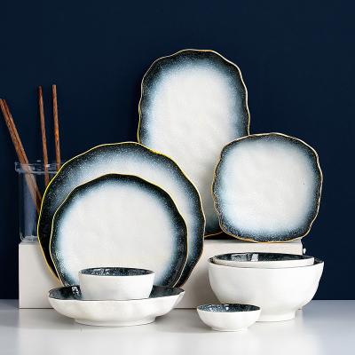 China Gradient Color Sustainable High Quality Restaurant Tableware Dining Dishes Gradual Blue Ceramic Oval Dish For Meal for sale