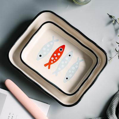 China Sustainable Rectangle Baking Creative Cartoon Pattern Fish Ceramic Bakeware Baking Tray for sale