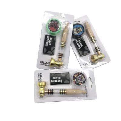 China Gold Zinc Alloy + Zinc Metal Glass Smoking Pipe With Small Plastic Grinder Set for sale