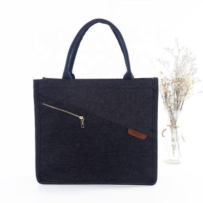 China Water Resistant Custom Logo Tote Women's Cotton Jeans Shoulder Tote Bag Eco Recycled Fashion Denim Fabric Grocery Denim Shopping Tote Bag for sale