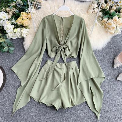 China New QUICK DRY Summer 2 Pcs Outfits For Women Flare Sleeve Crop Tops + Wide-legged Shorts Fashion Ladies Sexy Solid Chiffon Suit Set Shorts for sale