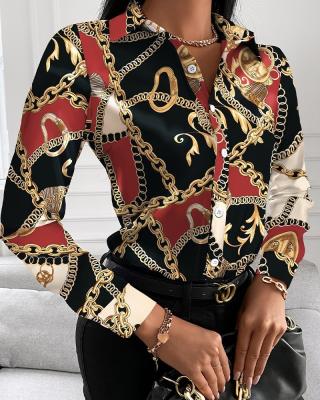 China 2022 Casual Office Anti-Pilling Ladies Print Shirt Elegant Chain Blouses Women Shirts Sheath Long Blouse Turn-Down Collar Button Tops for sale