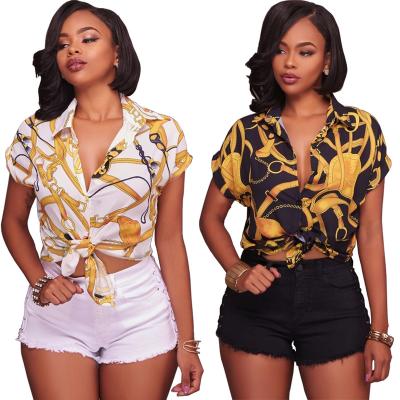 China Anti-pilling female 2022 new casual raglan sleeve blouse tops chain to print turn-down short collar shirt women popular sleeve series for sale