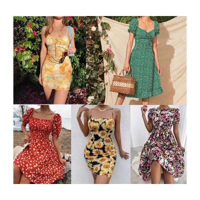 China Latest Design Vintage Floral Print Square Korean Elastic Short Sleeve Long Used Dress Women Summer Dresses for sale