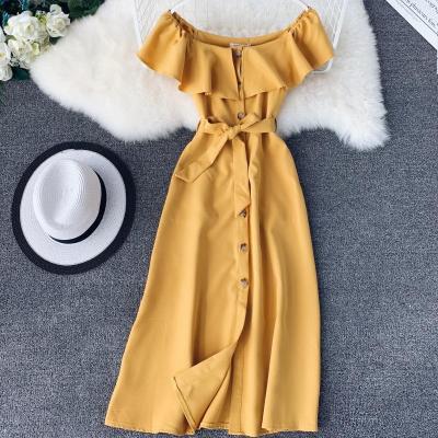 China Women Breathable Plaid Slash Neck Off The Shoulder Solid Ruffles High Waist Dress Summer A-line Dresses for sale