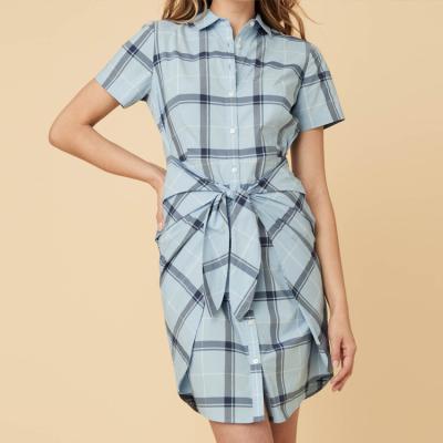 China New design casual strappy mini dress fashion button plaid OEM breathable blue swap mini dress for sale