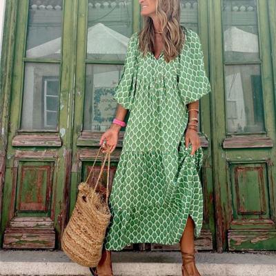 China Boho Maxi Dress Elegant Women Summer Casual Breathable Floral V-Neck Drawstring Loose Breathable Sleeve Holiday Beach Dresses Dress Dress for sale