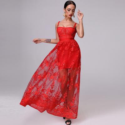 China Club Perspective Bodycon Spaghetti Strap Dry Cleaning Braid Maxi Dress Sexy Red Lace Long Dress for sale