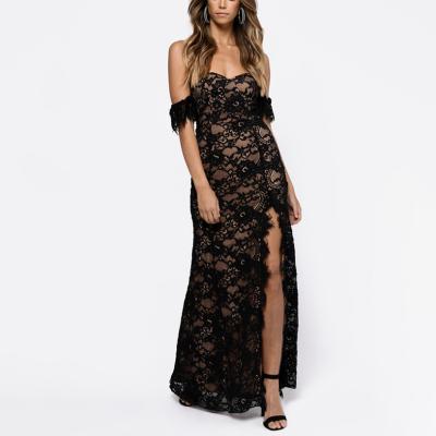 China Washable Black Lace Split Maxi Dress Women Sexy Off The Shoulder Lace Front Slit Maxi Dress Wedding Party Dress for sale