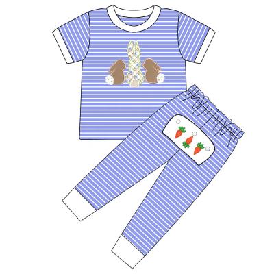 China High Quality 100% Cotton Baby Boy Rabbit Embroidery Cotton Outfit Striped Kids Boutique Outfit Pajamas Set for sale