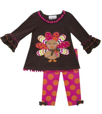 China Wholesale Kids 100% Cotton Girls Boutique Thanksgiving Turkey Outfits Applique Ruffle Pompom Shirt and Pants Clothing Set for sale