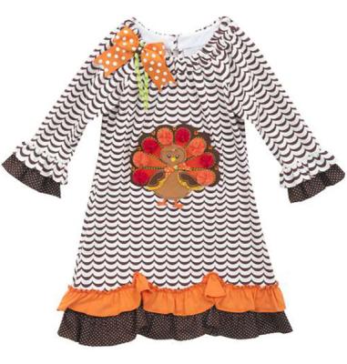 China 100% Cotton Little Girls Boutique Thanksgiving Applique Dress Kids Girl Turkey High Quality Polka Dots Ruffle Clothes for sale