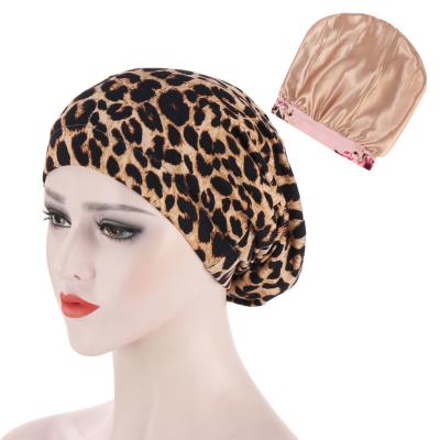 China HZO-18130 Character Women's Turban Double Layer Satin Striped Head Hat Leopard Print Beanie Wrap Cowl Hair Cap for sale