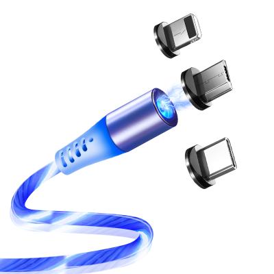 China Camera High Quality QC3.0 Quick Charger 3 in 1 Magnetic USB Cable with Flowing Sible LED Lights for sale