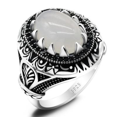 China CLASSIC Natural Agate Ring For Men Pure Stone 925 Sterling Silver Punk Vintage White With Black Zircon Male Rings Turkish Jewelry Gift for sale