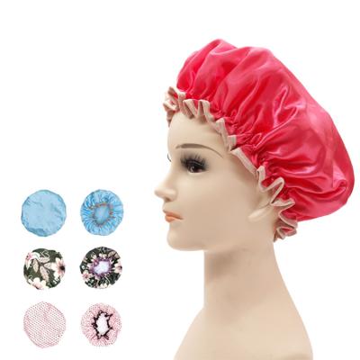 China Wholesale Stocked Custom Printed Waterproof Elastic Shower Hat Women PEVA Polyester Hair Cover Hood Headgear Double Layer Shower Hat for sale