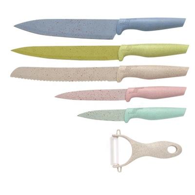 China Hot Sale Disposable 6 Piece Wheat Straw Knife Sets Stainless Steel Colorful Coating Kitchen Knife Sets for sale