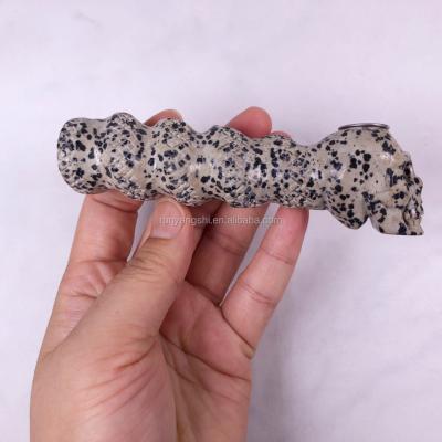 China Hot Sale Eco-friendly Crystal Human Skull Heads Smoking Pipes Jasper Dalmatian Snake Carving Quartz Tobacco Pipes For Healing for sale