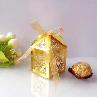 China Handmade Laser Cut Wedding Favor Gold Gift Boxes Small Sweet Candy Delicate Chocolate Boxes With Ribbon For Party Birthday for sale