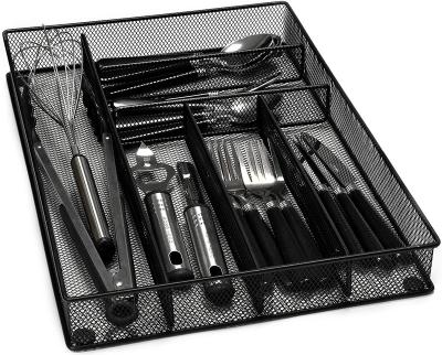 China Eco-Friendly Kitchen Drawer Organizer, E-far Mesh Wire Utensil Tray Drawer Organizer, Black Narrow Metal Silverware Flatware Cutlery Holder for sale