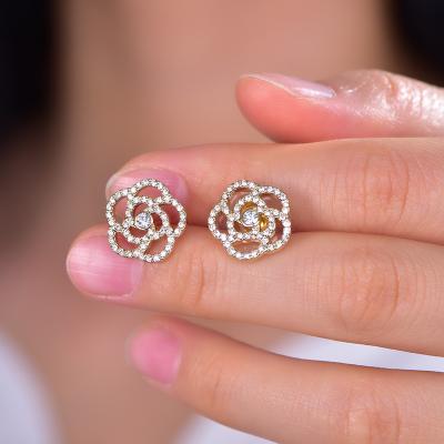 China Custom CLASSIC Own Design Shopping Camellia Earrings Ins Style Luxury Diamond-studded Flower Personality Earrings for sale