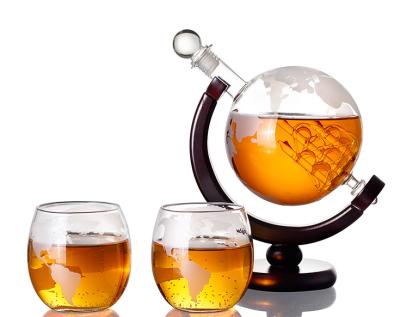 China New Design Globe Glass Whiskey Decanter Set With 2 Shot Glasses And Wooden Base for sale