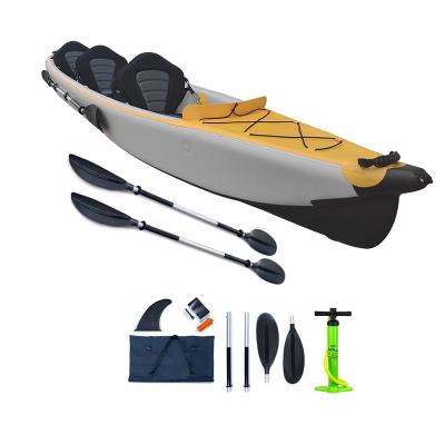 China PVC & Factory Customized Drop Point Fishing Canoe Kayak Rowing Boat 3 People Drop Point Inflatable Kayak With Detachable Fin for sale