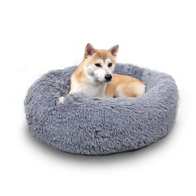 China Travel Long Plush Fluffy Pet Bed For Cat Puppy Donut Soothing Bed Anti Slip Dot Bottom Around Cat Pet Bed for sale