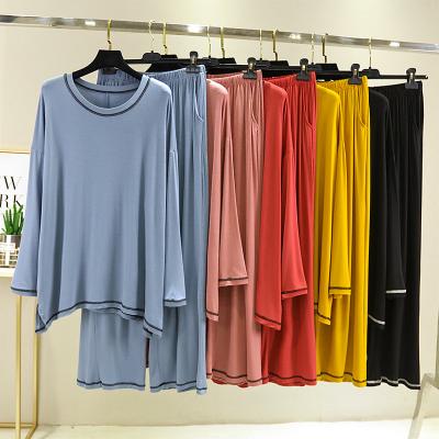 China Wholesale Breathable 2 Pcs Women Pajamas Solid Color Shirt With Pants Soft Sleepwear Autumn Lady Home Wear for sale