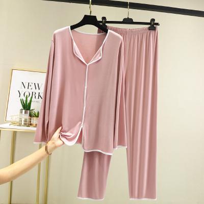 China Breathable 2 Pcs Women Cotton Pajamas Sets Solid Color T-shirt With Pants Soft Sleepwear Lady Home Wear for sale