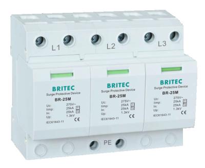 China BRITEC BR-25M  T1+T2 B+C 3P DIN Rail 35mm Spd T1 varistor surge arrester type1 3p surge protector for sale