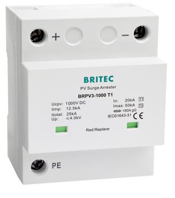 Китай BRPV3-1000 T1 50ka DC 1000V 12.5ka ПВ задержка перенапряжения устройство защиты от солнечных перенапряжений фотоэлектрические СПД продается