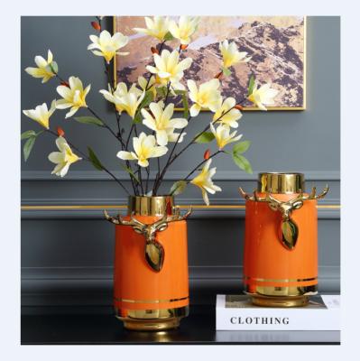 China Vintage 2 Size Flower Vases Orange Unique Home Decor Luxury Vase Home Opens Plant Vase Decoration for sale