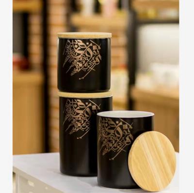 China Freshness Preservation 3pcs Jar Set Ceramic Spice Jar Set Honey Canning Cookie Jam Food Storage Ceramic Jar With Bamboo Lid for sale