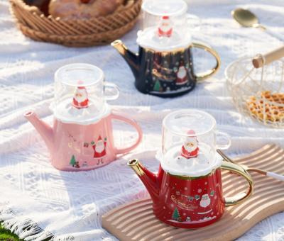 China Sustainable Fashionable 2pcs Christmas Themed Teapot And Cup Set Little Snowman And Santa Christmas Cup With Glass Mug for sale