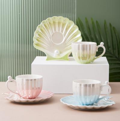 China 120ML Sustainable Pearl Shell Electroplating Coffee Cup And Saucer Set Ceramic Tea Cup Sets Saucer Cup With Saucer for sale