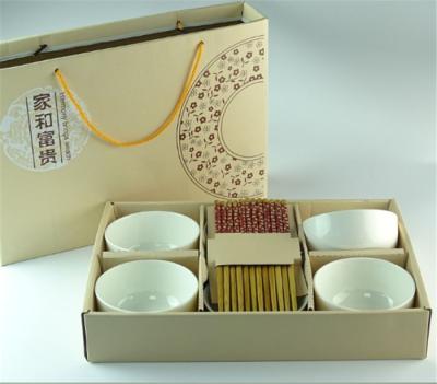 China Disposable white ceramic bowl and chopsticks set in gift box dinner set, serving rice bowl with chopsticks for sale