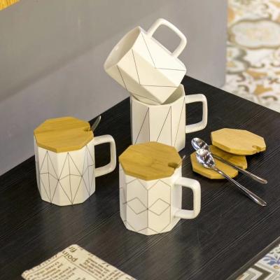 China Sustainable Nordic Mug With Bamboo Lid White Mugs Ceramic Mug With Lid And Spoon for sale