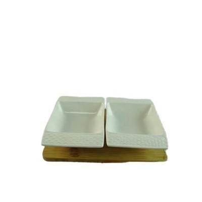 China Sustainable White Rectangular Custom Bowl Ceramic Fruit Bowl With Bamboo Tray for sale