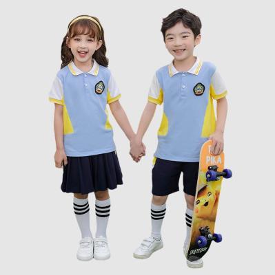 China School design sky blue short sleeve t-shirts for professional students and primary school school uniforms for preschool students for sale