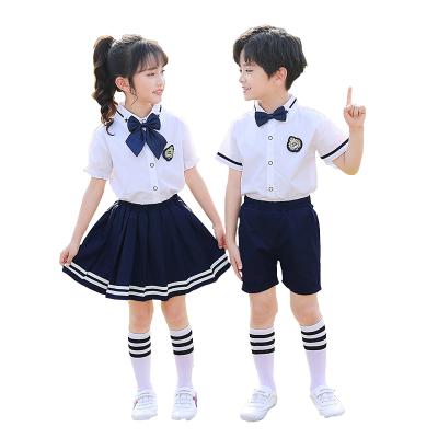 China Custom White School Uniform Shirt Female Kindergarten School Uniform Bow Printed Logo Set for sale