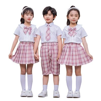 China Custom School Logo Short Sleeve Shirt Primary School Student Pleated Skirt School Uniform Suit Shirt for sale