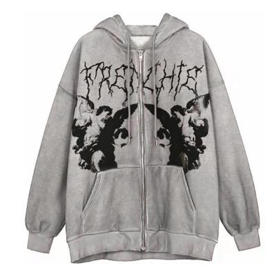 China Vintage Angel Print Oversized Anti-wrinkle Hoodies Female Zip Up Sweatshirt Y2K Autumn Gothic Grunge Streetwear Aesthetic Long Sleeve Women for sale