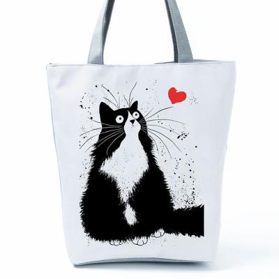 China New Lady Tote Bags Office Lady Tote Bags Reusable Shopping Reusable Recyclable Casual Shoulder Bag Cute Cat Printed Fabric Eco Handbag for sale