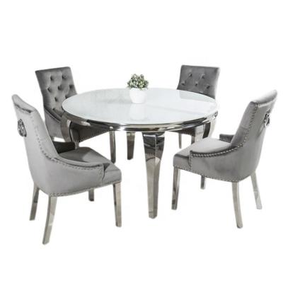 China 1.3m Modern Circular Louis Polished Steel Dining White Glass Table Set With 4 Velvet Dining Chairs for sale