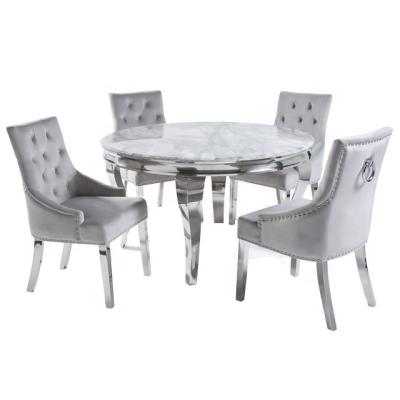 China Modern Circular Louis Polished Steel Dining Gray Marble Table Set With 4 Gray Brushed Velvet Dining Chair for sale